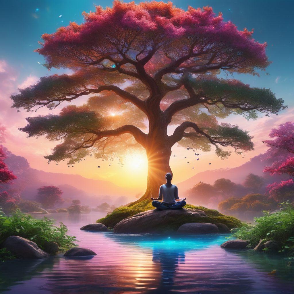 A serene landscape featuring a person meditating under a large tree, surrounded by flowing streams of vibrant energy symbolizing Magnaflo technology. The sky is a gradient of calming colors, with glowing orbs representing emotional well-being floating around. Incorporate elements of nature, like lush greenery and butterflies, to enhance the atmosphere of tranquility and elevation. vibrant colors. super-realistic.