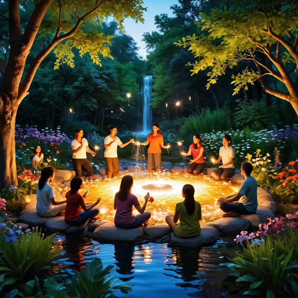 A lively scene depicting a diverse group of people joyfully engaging in various activities that represent harmony and satisfaction, surrounded by nature. Incorporate elements like flowing water, blooming flowers, and vibrant, glowing lights symbolizing happiness. A central figure demonstrating the use of Magnaflo solutions, with a radiant smile, hinting at the transformative power of these tools. The atmosphere should feel uplifting, magical, and serene. super-realistic. vibrant colors. 3D.