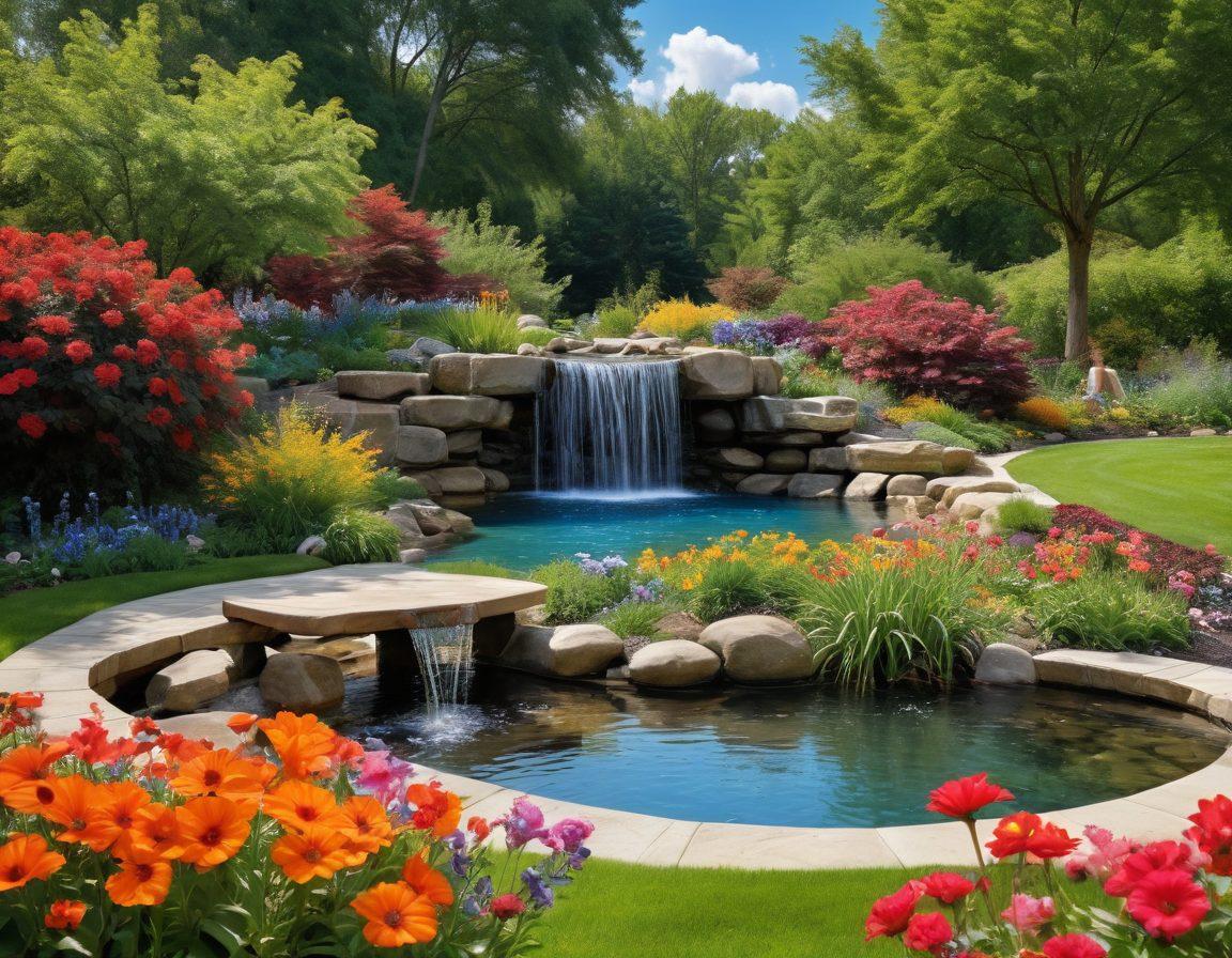 A serene landscape featuring a tranquil garden filled with vibrant flowers, a gentle waterfall, and a family enjoying a picnic under a bright blue sky. In the foreground, a Magnaflo system is subtly integrated into the scene, highlighting its connection to enhancing joy and relaxation. The atmosphere is filled with warmth and happiness, symbolizing blissful moments together. super-realistic. vibrant colors. balanced composition.
